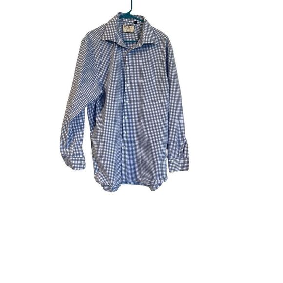 Thomas Pink Mens Blue White Gingham Check Classic Fit Dress Shirt Size 18-37 - Picture 2 of 12